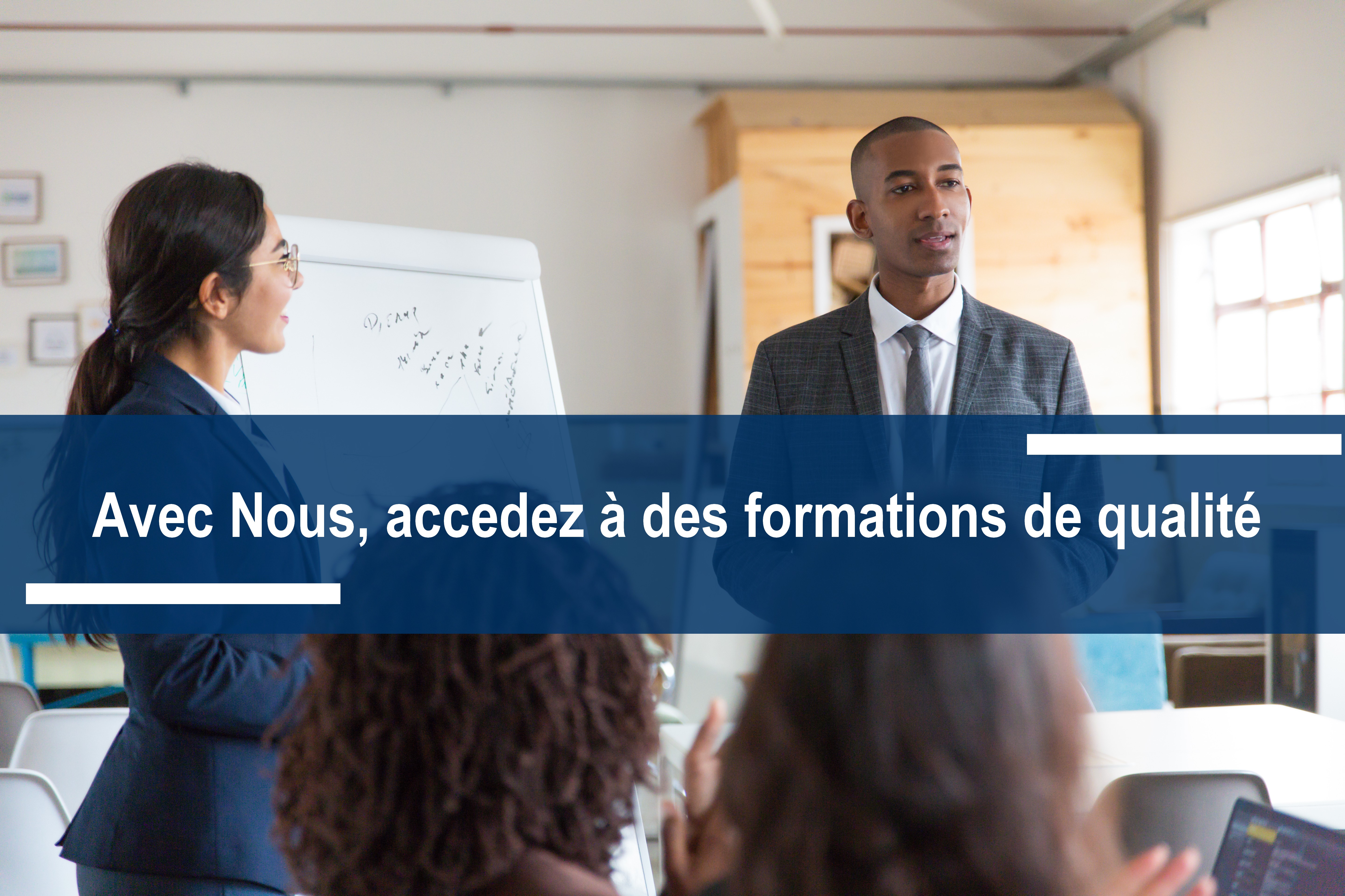 Cheerful young speakers standing near whiteboard. Back view of employees sitting and listening colleagues. Business meeting concept
